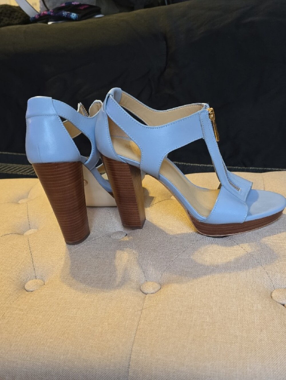Michael Kors Powder Blue Leather T-Strap Heels with Gold Zippers - Picture 2 of 4
